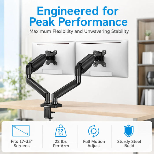 Dual Monitor Stand up to 33 Inches Screen, Load-Bearing Max 22 lbs Each Arm, Adjustable Dual Monitor Mount, Sturdy Steel VESA Monitor Mount with Stable VESA 75x75 100x100mm