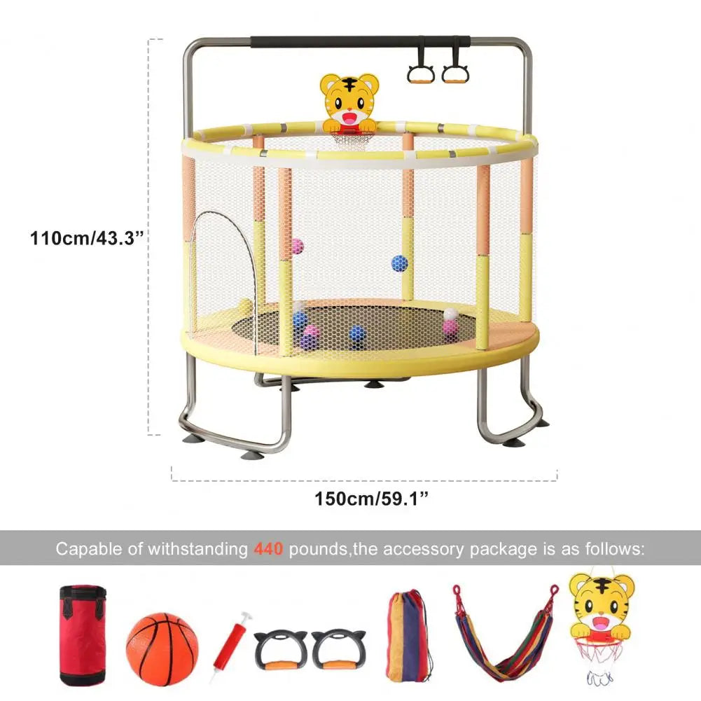 5FT Kids Trampoline, Adjustable Baby Toddler Trampoline with Basketball Hoop, Swing, Sandbag, Ocean Balls, 440lbs Indoor Outdoor