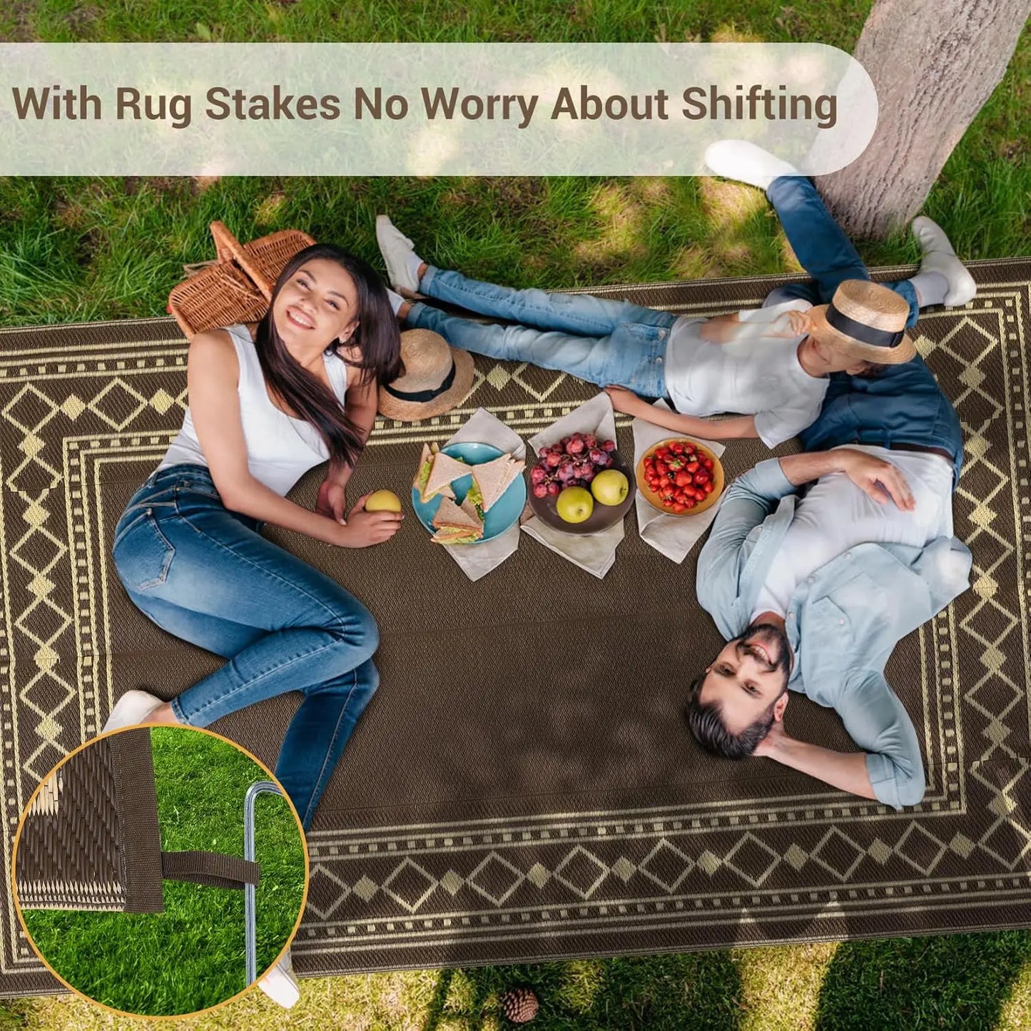 9x18 Waterproof Reversible Outdoor Rug – Diamond Border Plastic Straw Patio Mat, for RV, Deck, Porch, Picnic, Balcony & Beach, Coffee