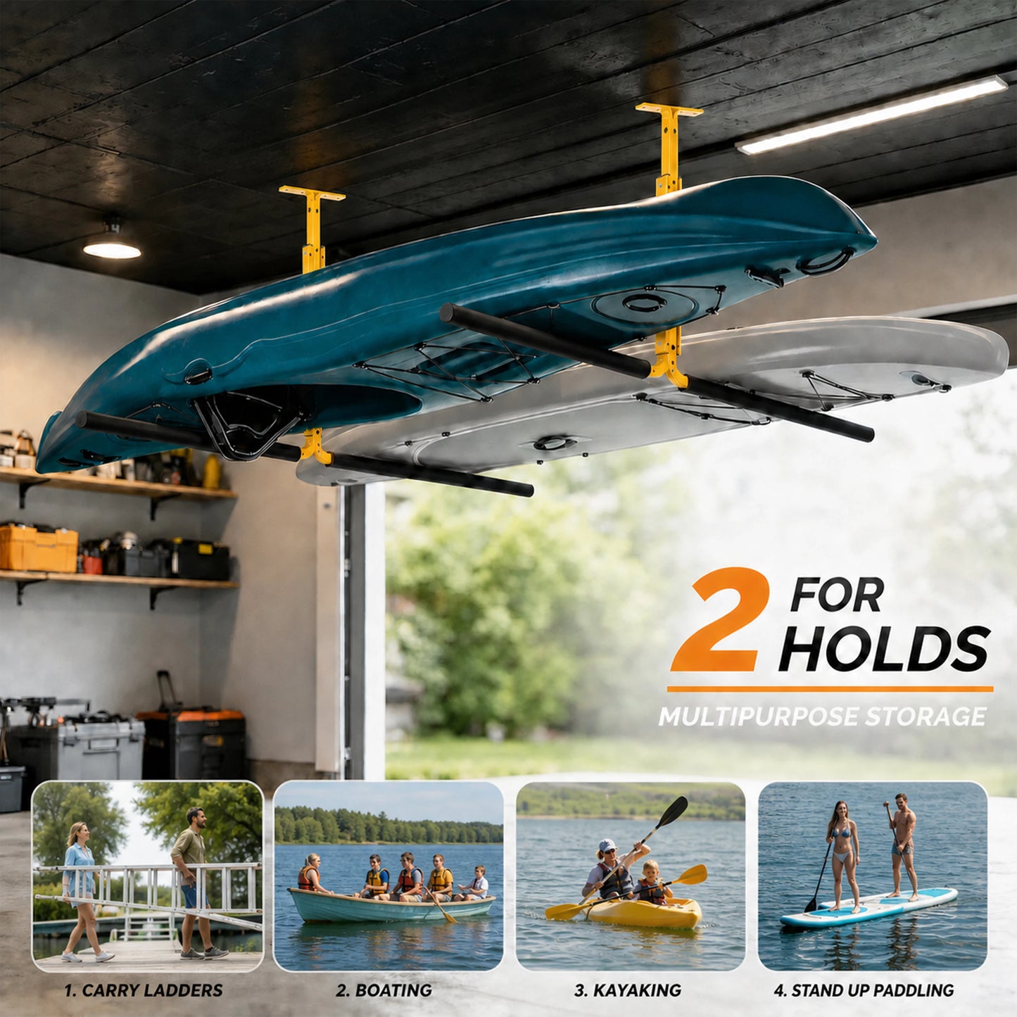 2PCS Overhead Kayak Storage Rack Ceiling Mount Adjustable Garage Hanger for 2 Kayaks Canoe Surfboard SUP Paddle Board Holder