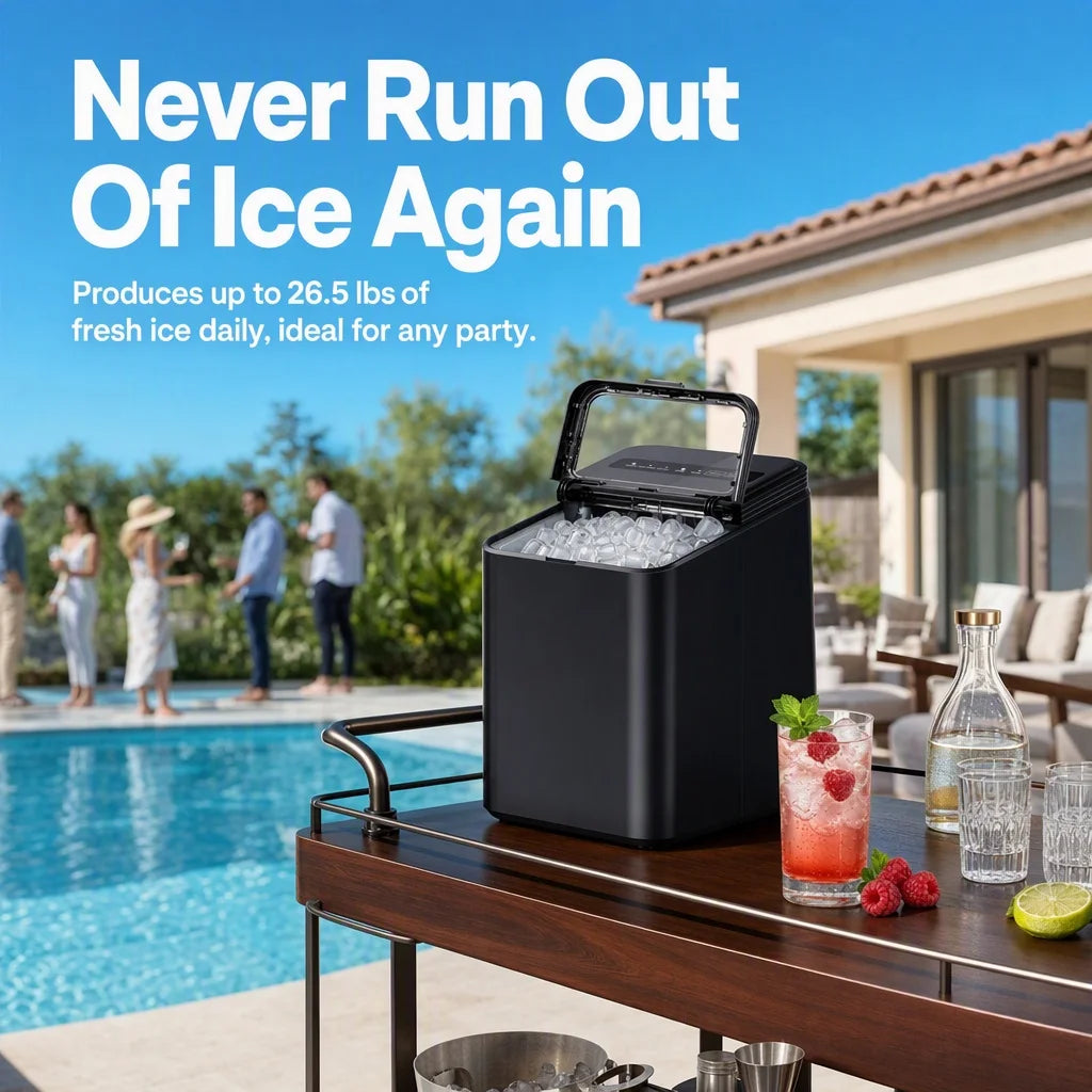 Ice Maker Countertop, 8 Ice Cubes in 6 Mins, 26.5 Lbs/24H, 2 Bullet Ice Sizes, Self-Cleaning Bullet Ice Maker, Portable Ice Machine for Kitchen, Party, Office, and RV Camping
