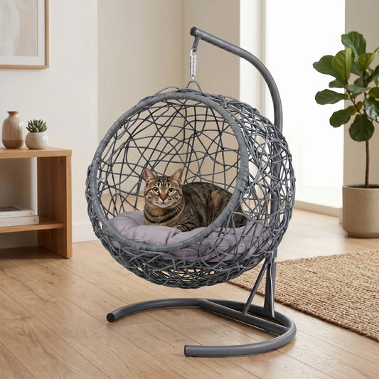 Rattan Wicker Cat Swing Bed With Stand And Plush Cushion