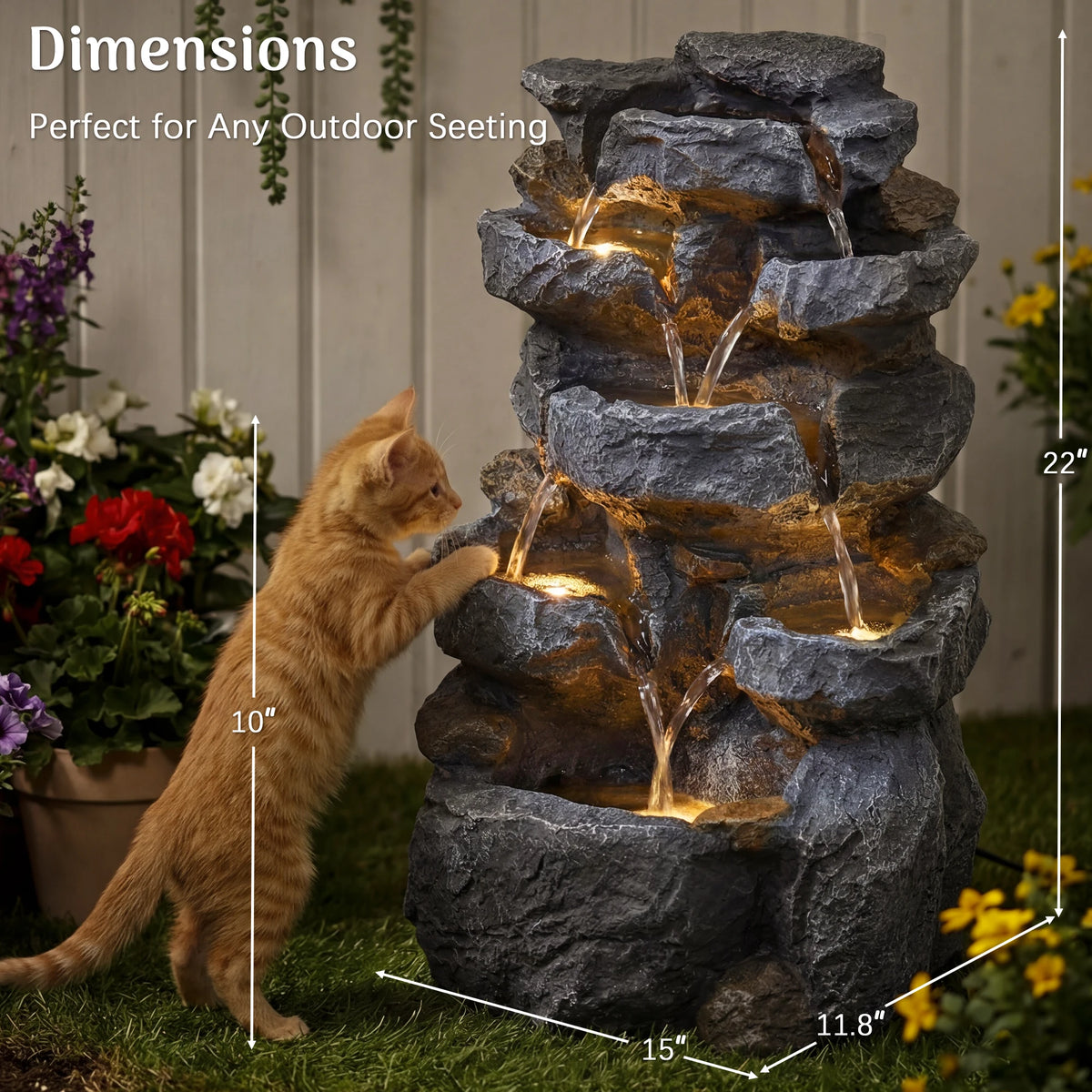 Cascading Rock Water Fountain With LED Lights For Outdoor Patio