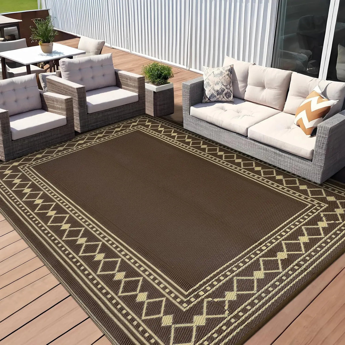9x18 Waterproof Reversible Outdoor Rug – Diamond Border Plastic Straw Patio Mat, for RV, Deck, Porch, Picnic, Balcony & Beach, Coffee