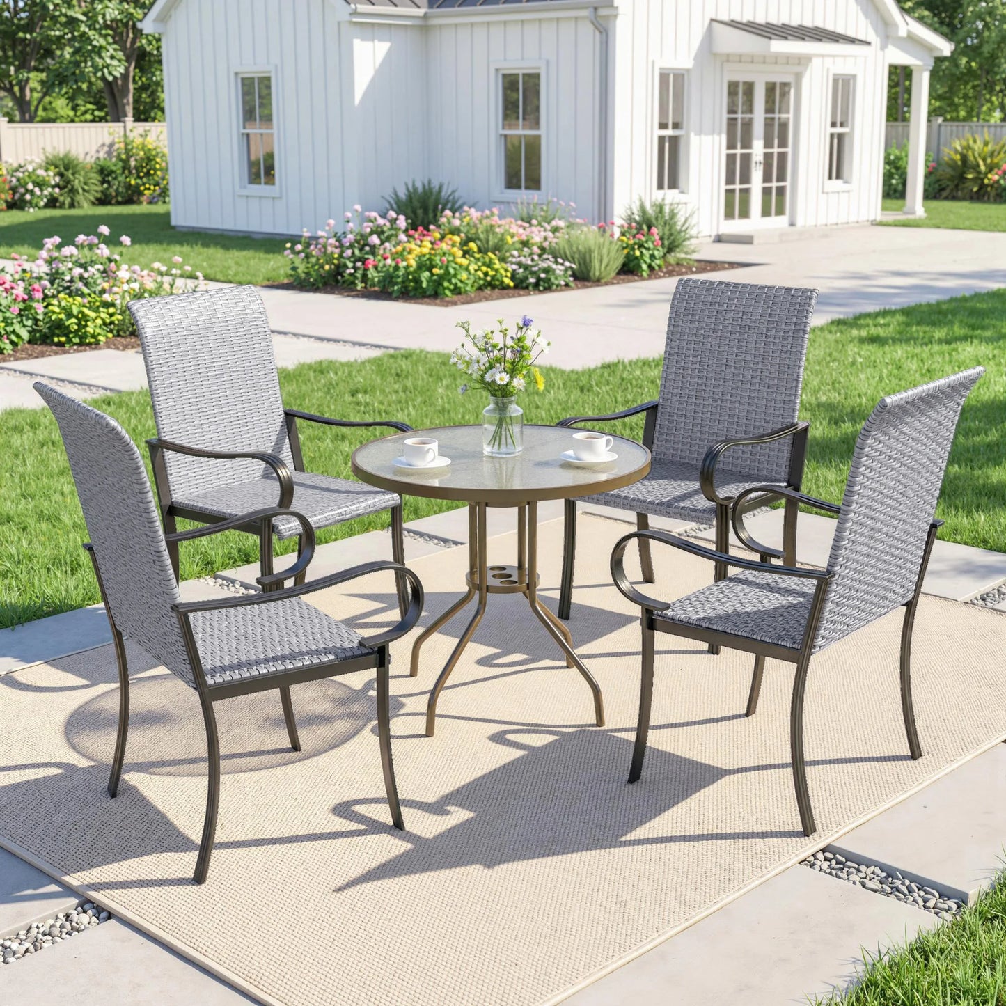 Gray Set of 4 Outdoor Wicker Armrest Dining Chairs Rattan Patio Dining Seats for Garden Backyard Porch Leisure Dining
