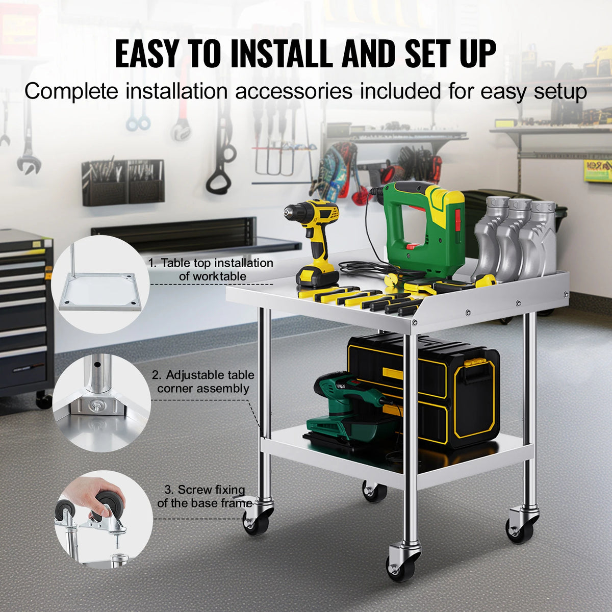 SucceBuy Stainless Steel Work Table With Four Casters And Backsplash