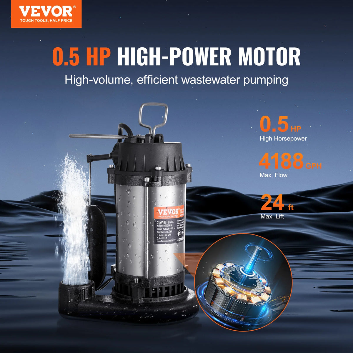 SucceBuy Submersible Sewage Pump Cast Iron with Automatic Float Switch Stainless Steel for Clean Flooded Basement Yard Farm
