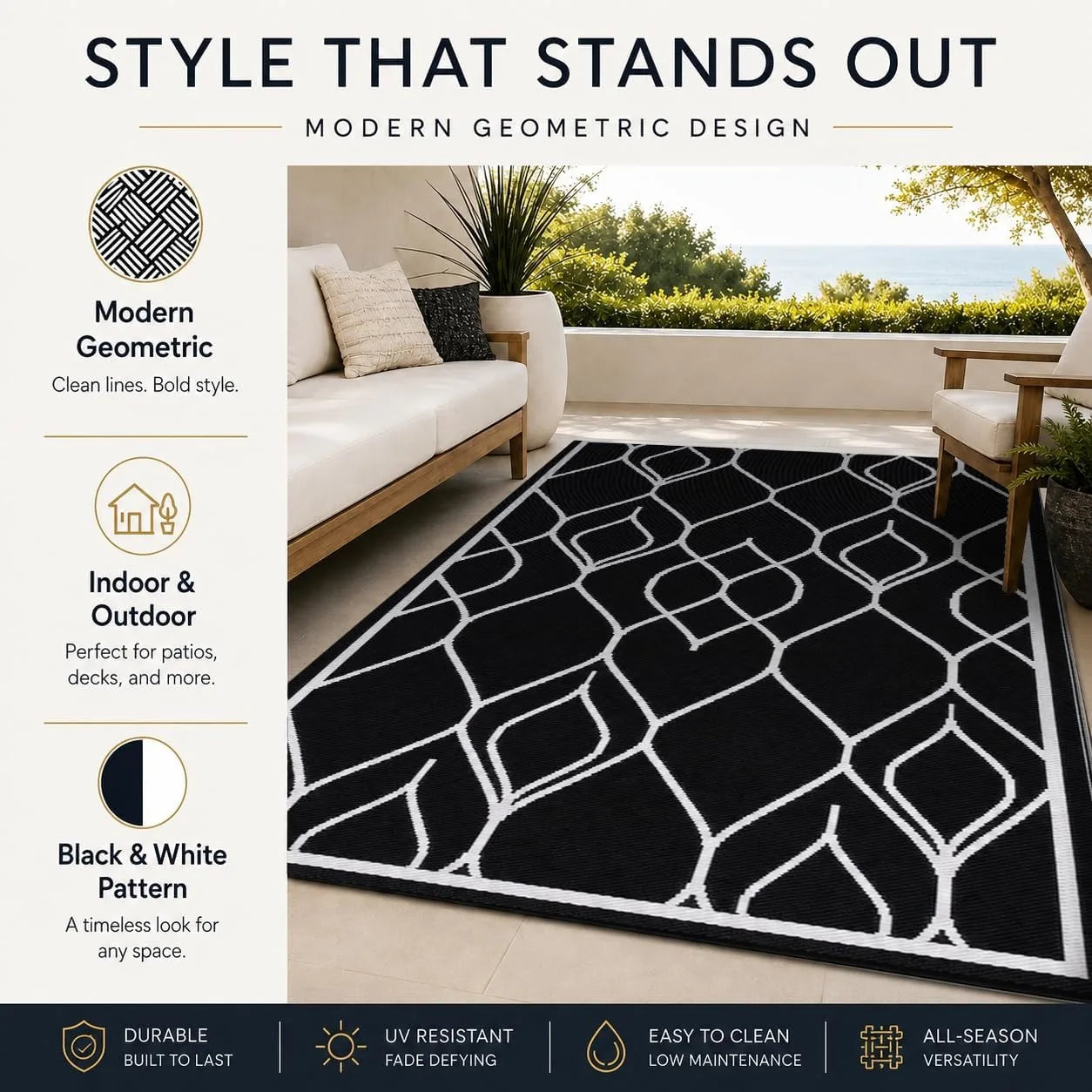 Waterproof Reversible Plastic Straw Patio Rug With Quick Dry Design