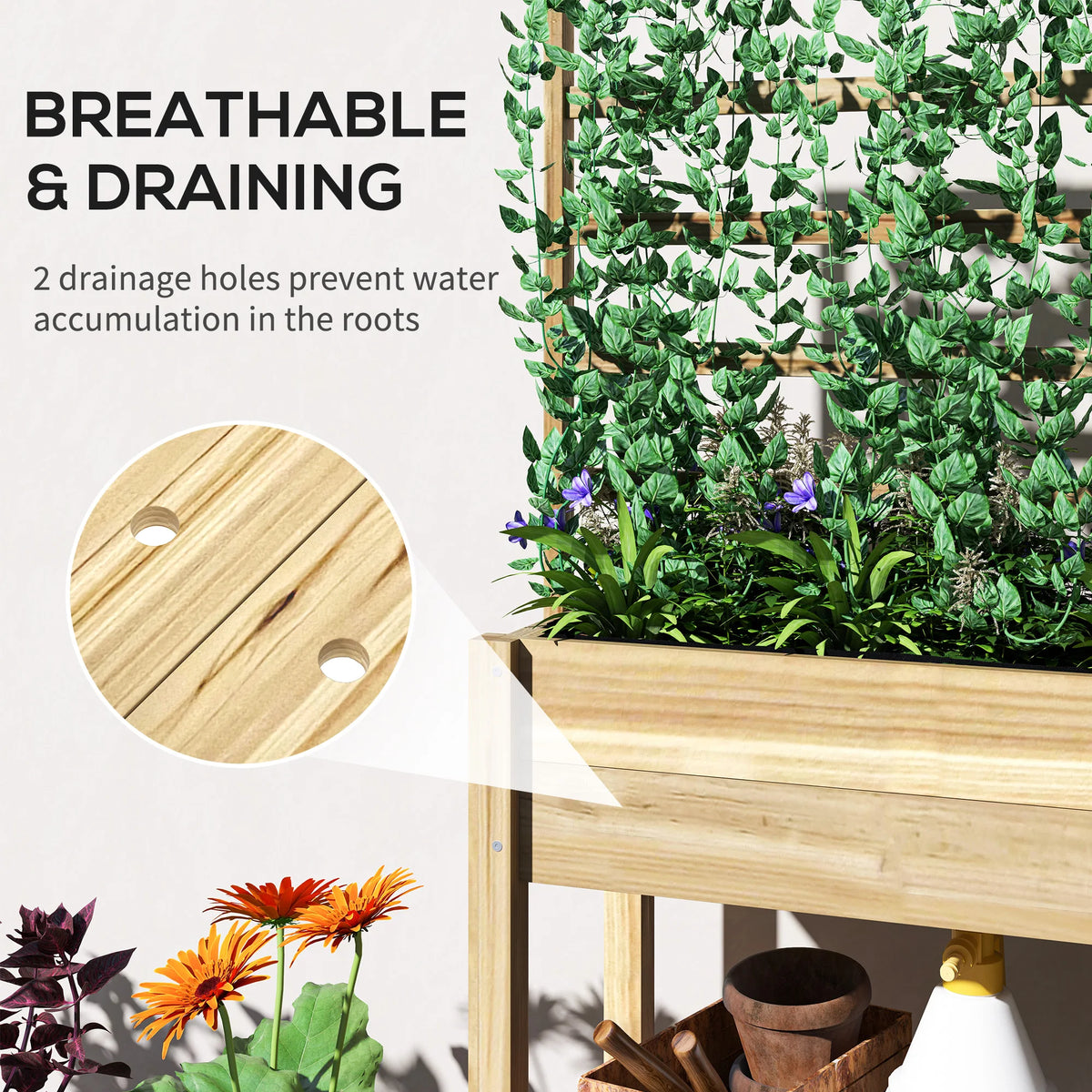 Wooden Raised Planter Box with Trellis, Raised Flower Bed with Storage Shelf, Outdoor Garden Planter for Vegetables, Flowers, Herbs