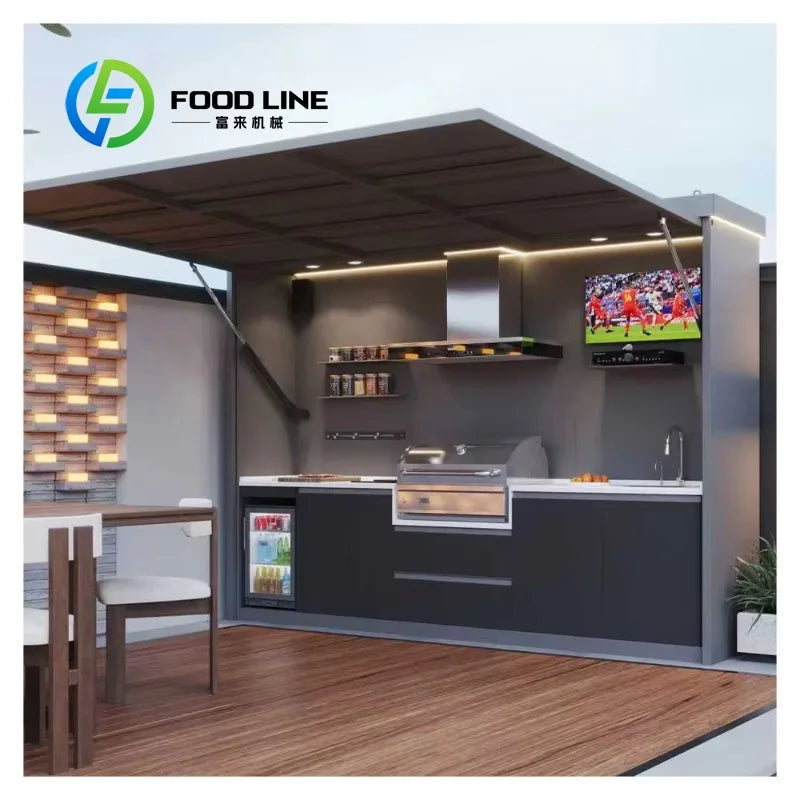 Customized L-Shaped Aluminum Outdoor BBQ Kitchen Shelter with Roof Bar Counter Patio Charcoal Grill Furniture Set