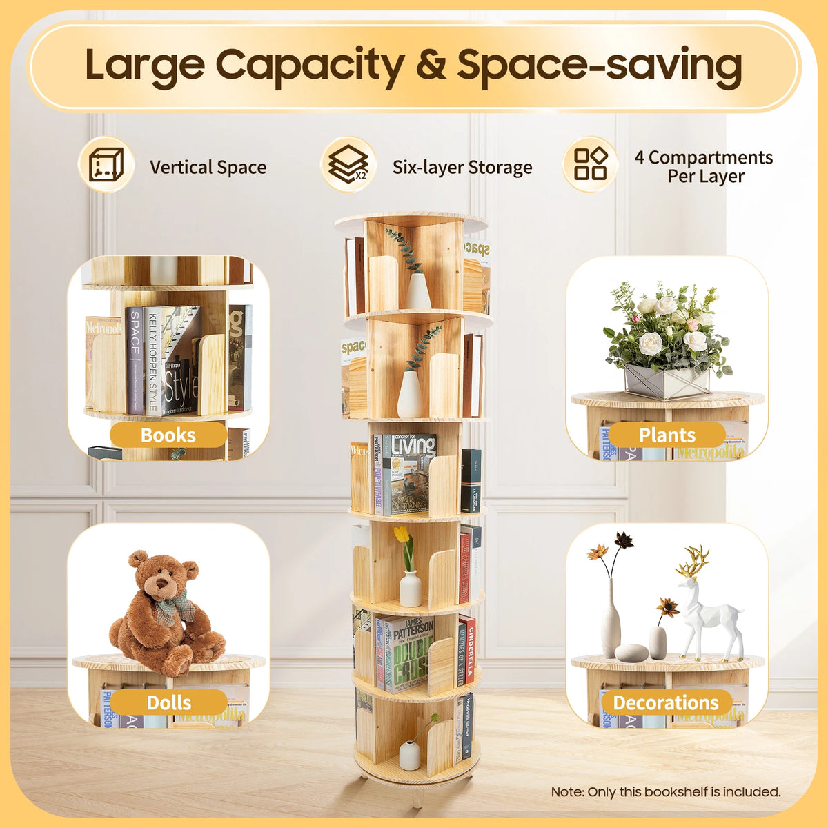 Round Rotating Bookshelf With Wooden Storage Rack For Home
