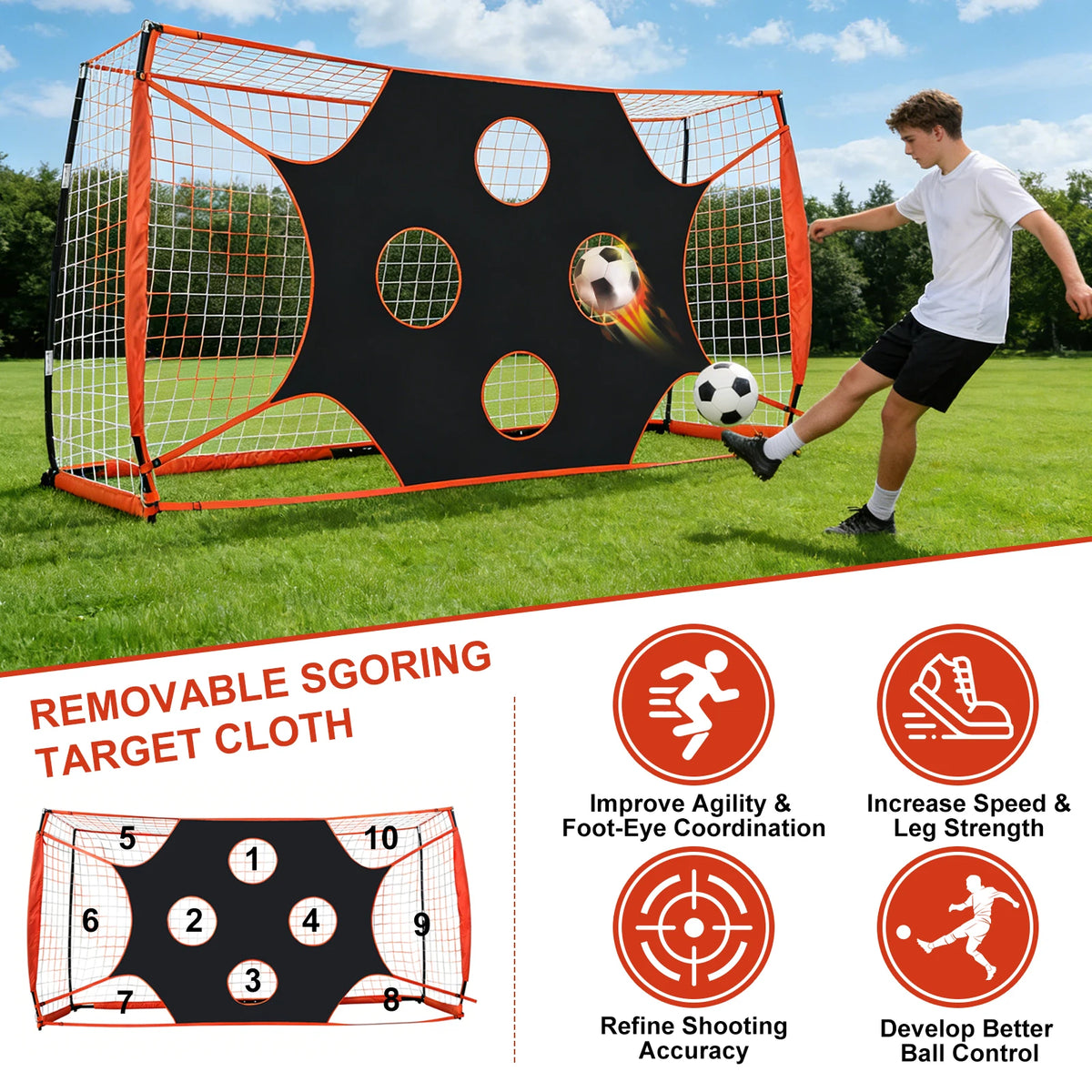 Foldable Soccer Goal Net Featuring 10 Highlighted Scoring Zones