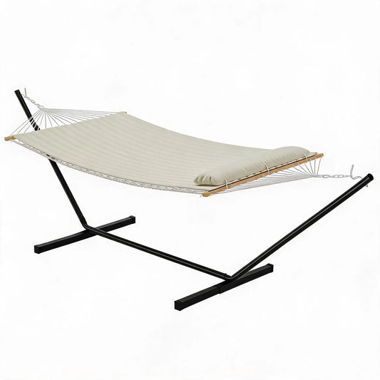 2 Person Double Hammock with Stand, Heavy Duty Outdoor Hammock with Adjustable Steel Frame & Pillow, Portable Camping Hammock for Patio Backyard Beach Garden