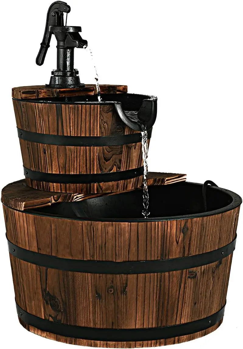 Two Tier Wooden Barrel Waterfall Fountain With Electric Pump