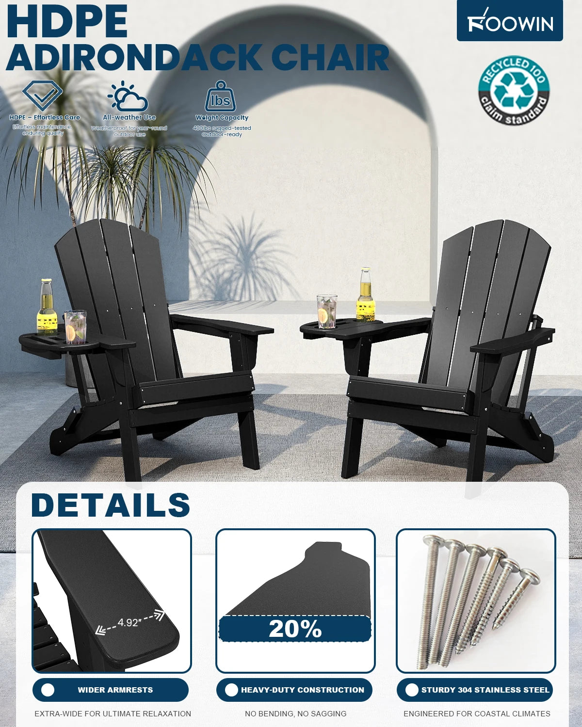 FOOWIN 2pcs Folding Adirondack Chair Weather Resistant HDPE Plastic Cup Holder Outdoor Patio Garden Fire Pit Deck Lawn
