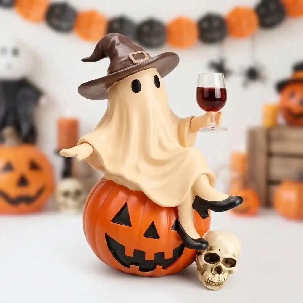 Funny Ghost Holding Wine Glass Resin Statue Halloween Decor Ornament
