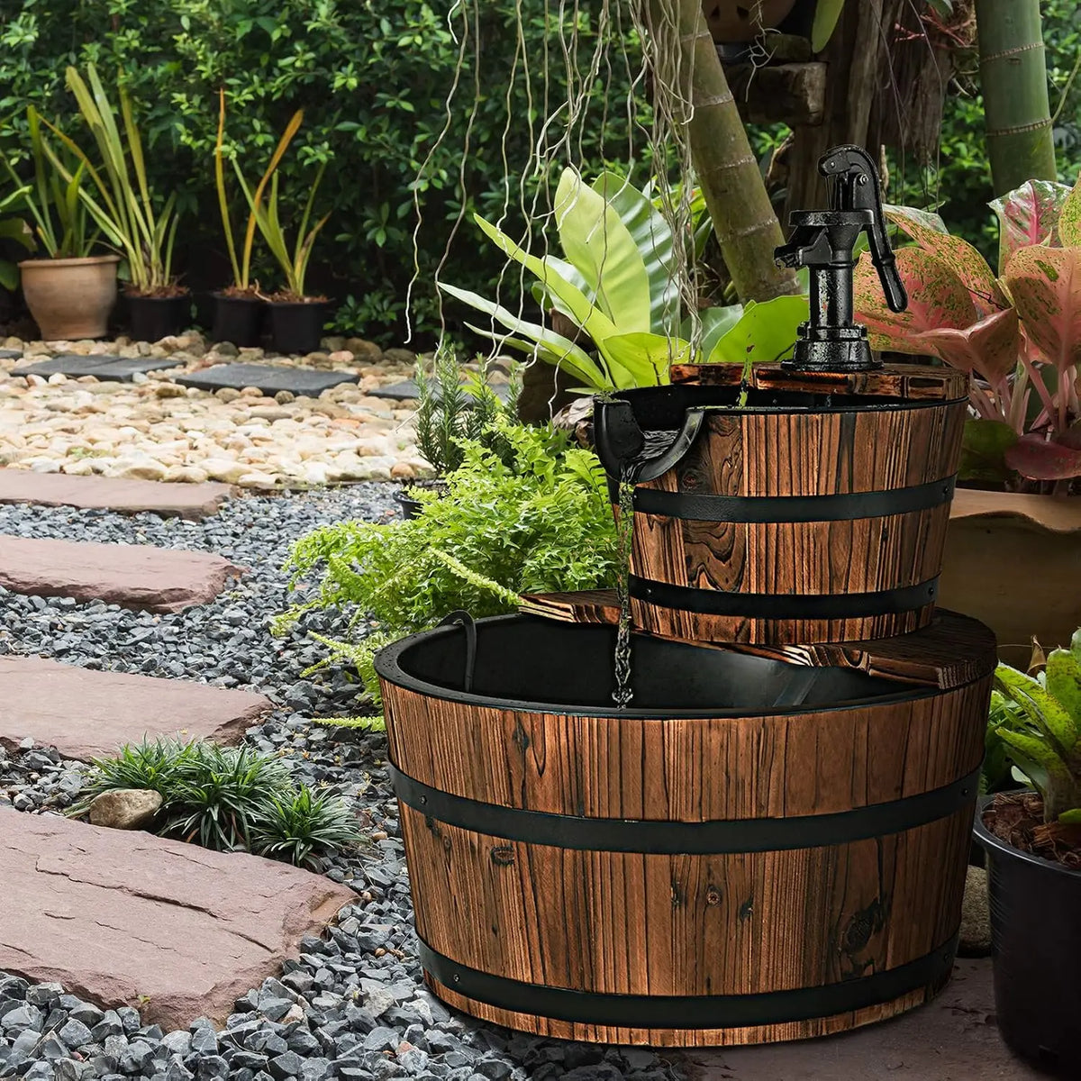 Two Tier Wooden Barrel Waterfall Fountain With Electric Pump