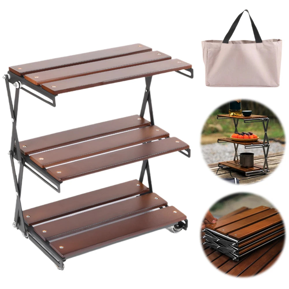 3-Tier Foldable Wooden Camping Shelf with Metal Frame Portable Countertop Storage Rack Outdoor Camping Rack Camping Accessories