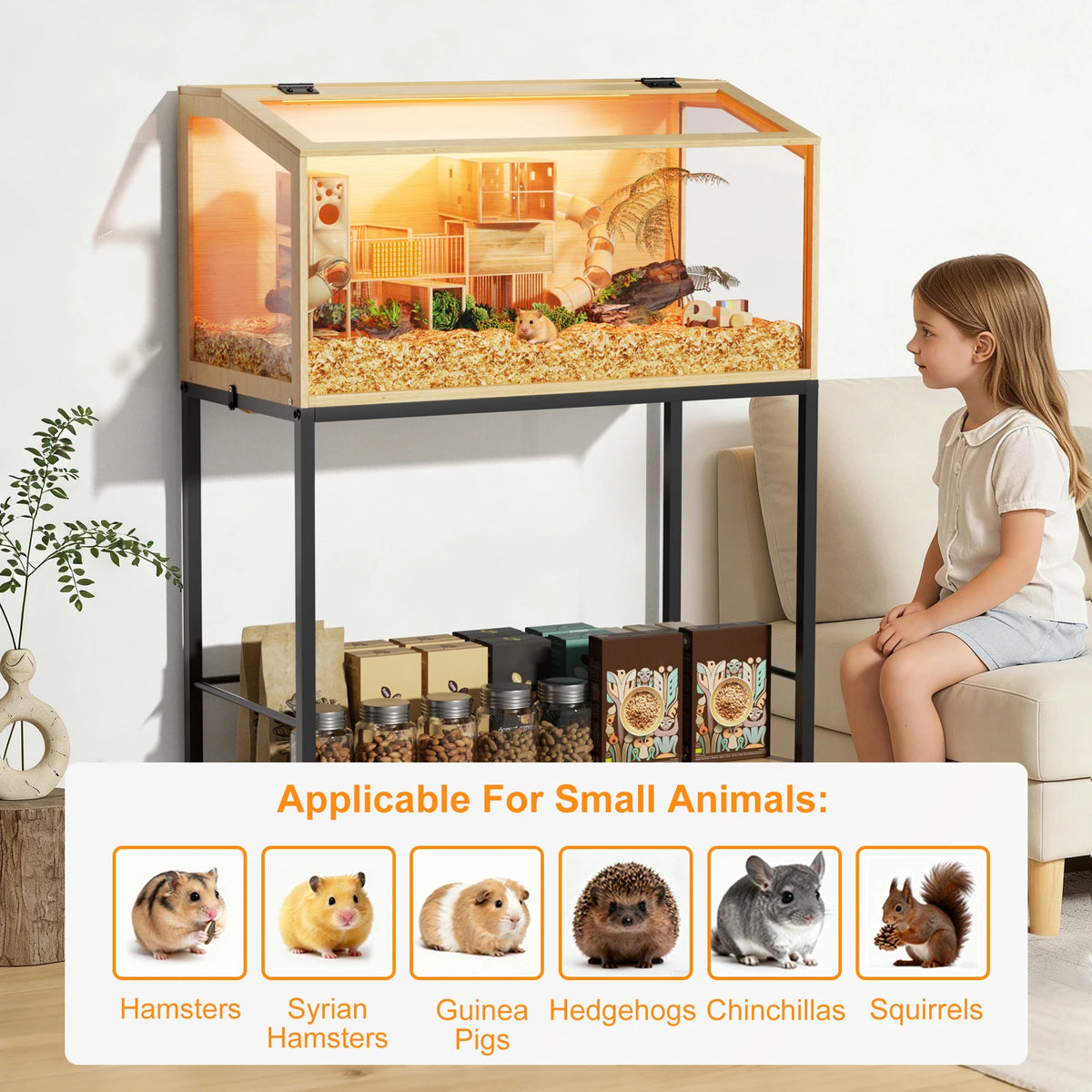 Wooden Hamster Cage With Tempered Glass Front And Storage Rack