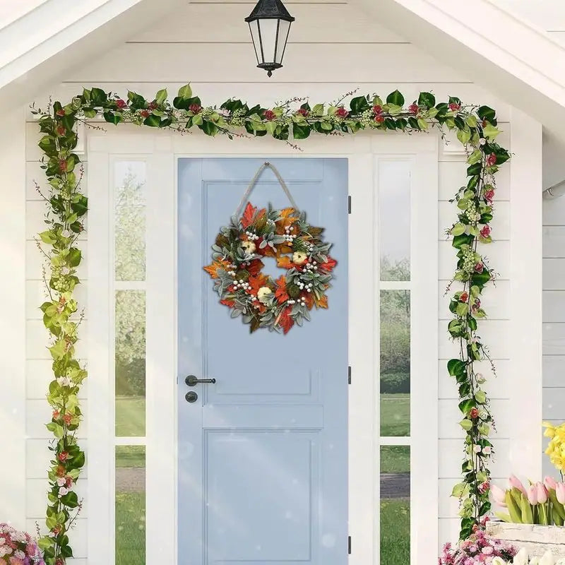 Autumn Thanksgiving Pumpkin Maple Leaf Wreath for Front Door Decor
