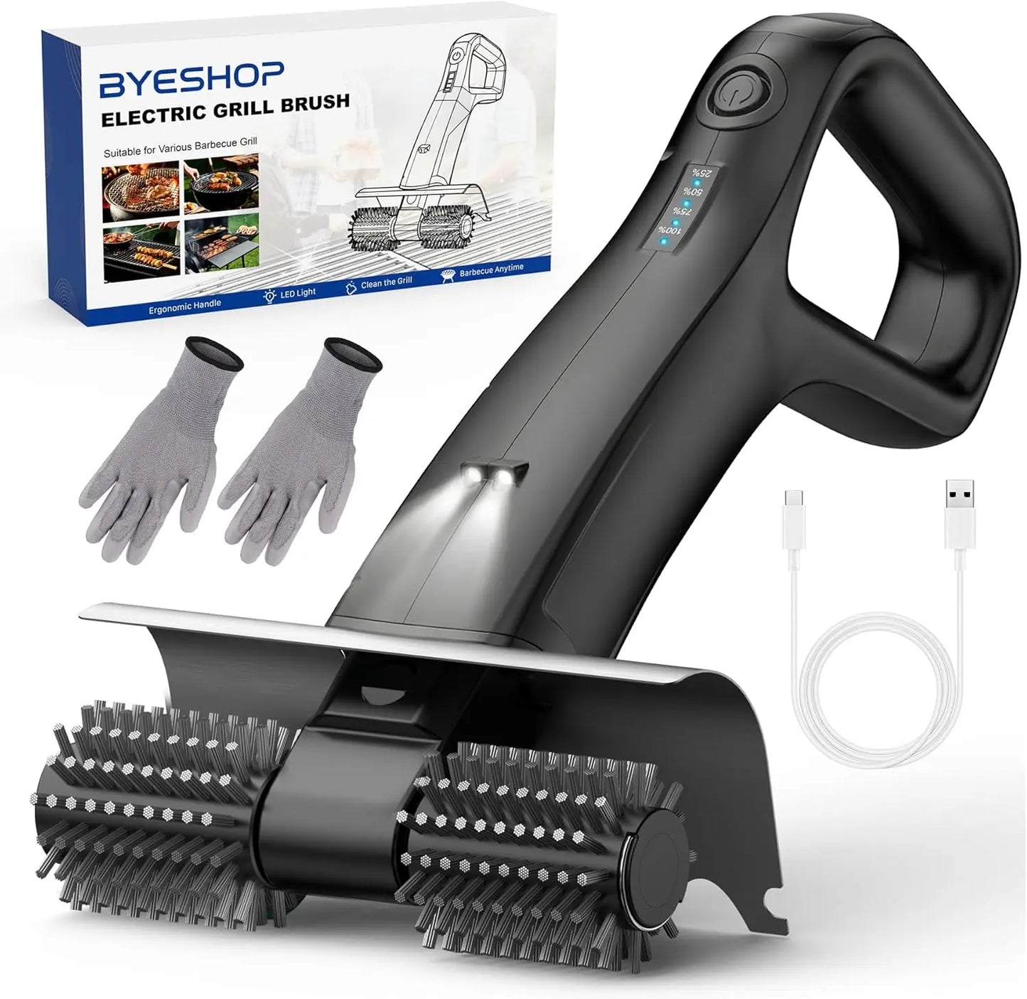 2026 Electric Grill Brush with 2 Brush Heads, 800RPM 25kgf High Torque BBQ Cleaner, 3500mAh Battery, 180 Mins Long Runtime, Extended Handle, Works as Grill Scraper for Tough Grease