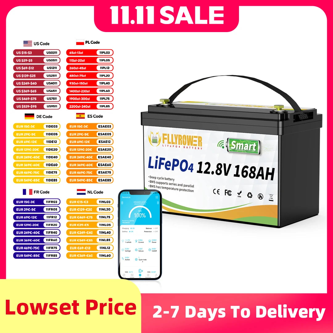 FLLYROWER 12V 168AH LiFePO4 Lithium Battery Pack With Bluetooth BMS 8000+Cycles For Touring Campers Off-Road Solar Wind Battery