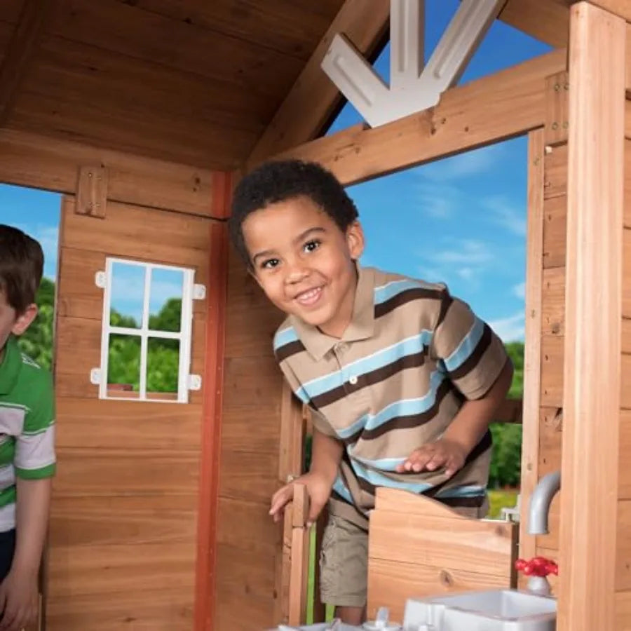 MDNG Cedar Wood Kids Outdoor Playhouse With Kitchen And Deck