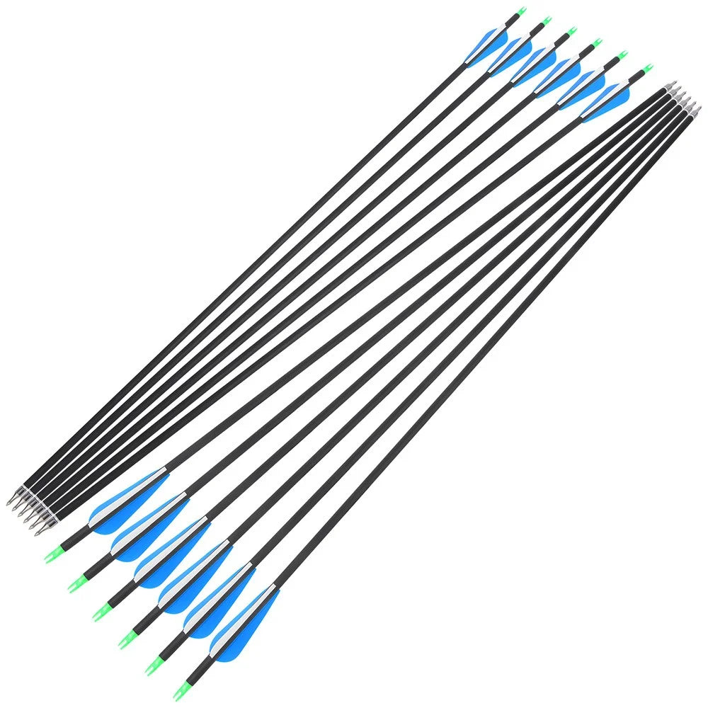 Hunting Carbon Arrows 12pcs 31.5 Inch Spine 500 ID6.2mm OD7.8mm 3 Inch Rubber Feather 100 Grain Tips for Recurve Bow