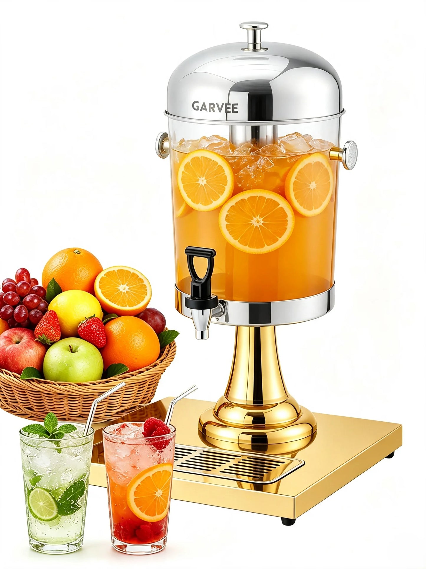 Tacleekii 2.2gal-6.6gal Commercial Drink Dispenser with Ice Core Stainless Steel Beverage Dispenser with Stand, Spigot & Drip Tray for Cold Juice Iced Tea Parties & Weddings