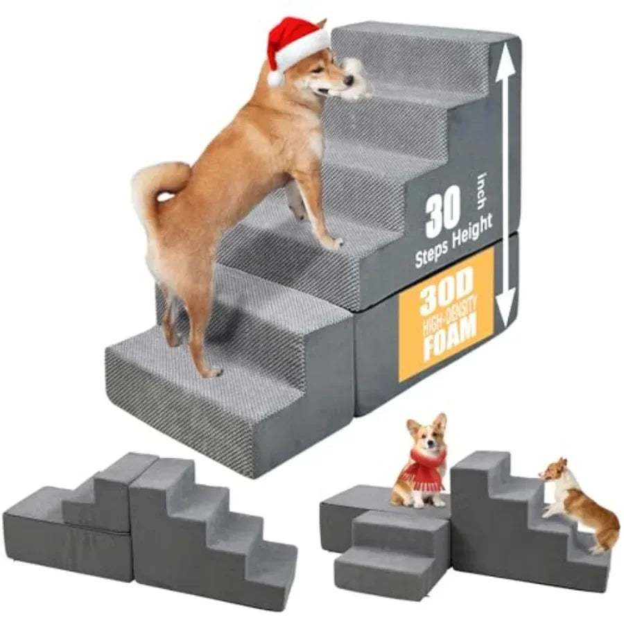 30 Dog Stairs for Small Dogs Cats to Access High Beds, Grey Polyester Fabric with Non-Slip Surface, No Assembly Required