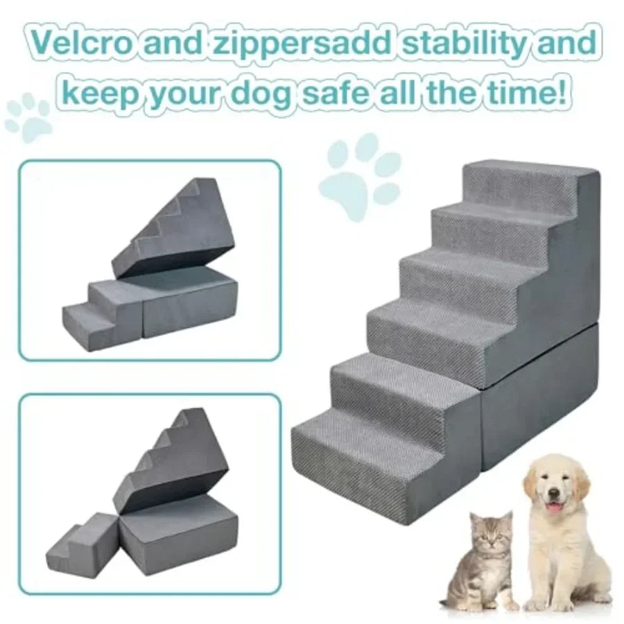 30 Dog Stairs for Small Dogs Cats to Access High Beds, Grey Polyester Fabric with Non-Slip Surface, No Assembly Required