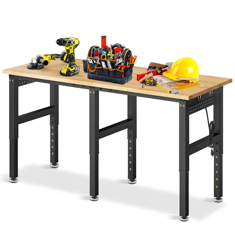 Heavy Duty Adjustable Rubber Wood Workbench With Pegboard Outlet