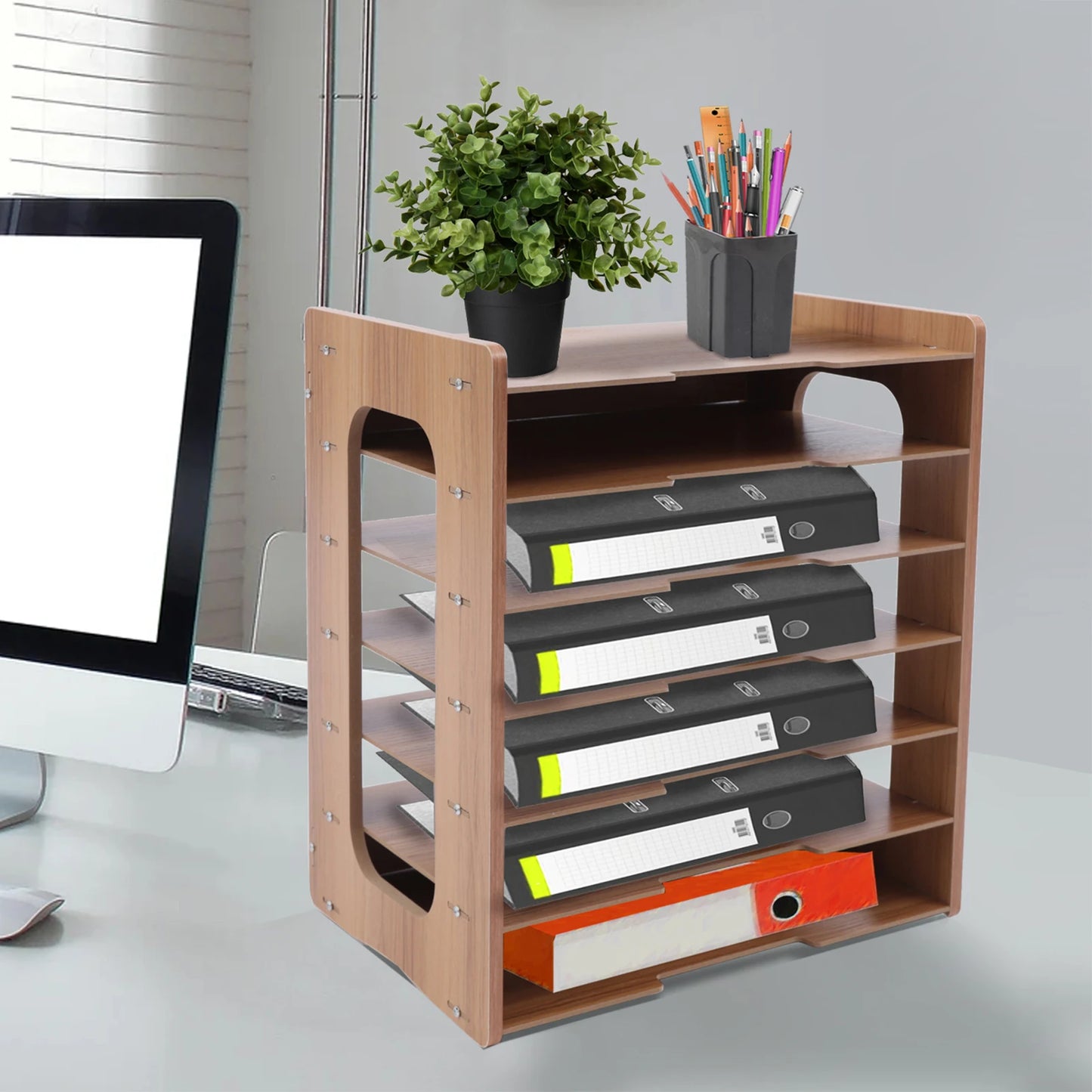 Seven Tier Wooden Desk Paper Organizer Desktop File Holder