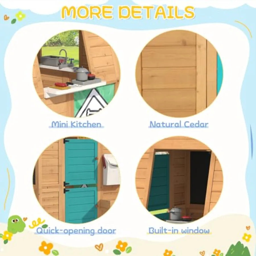MDNG Outdoor Wooden Kids Playhouse Cottage With Bench And Kitchen