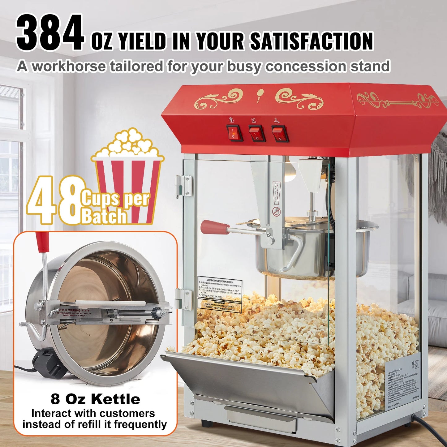 SucceBuy 8 12Oz Popcorn MakerPopcorn Popper Machine Kettle Makes Countertop Popcorn Maker with Tempered Glass