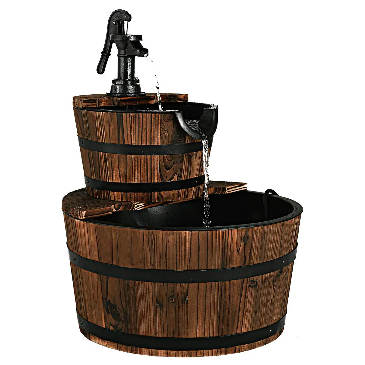 Two Tier Wooden Barrel Waterfall Fountain With Electric Pump