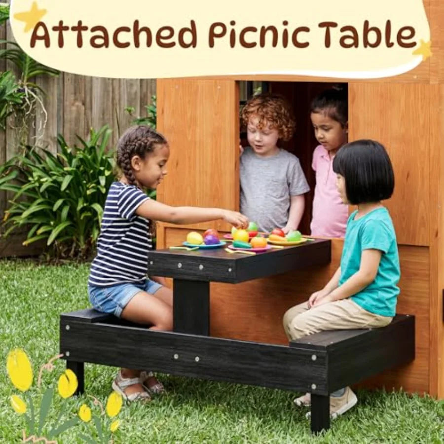 MDNG Kids Fir Wood Outdoor Playhouse With Kitchen Table