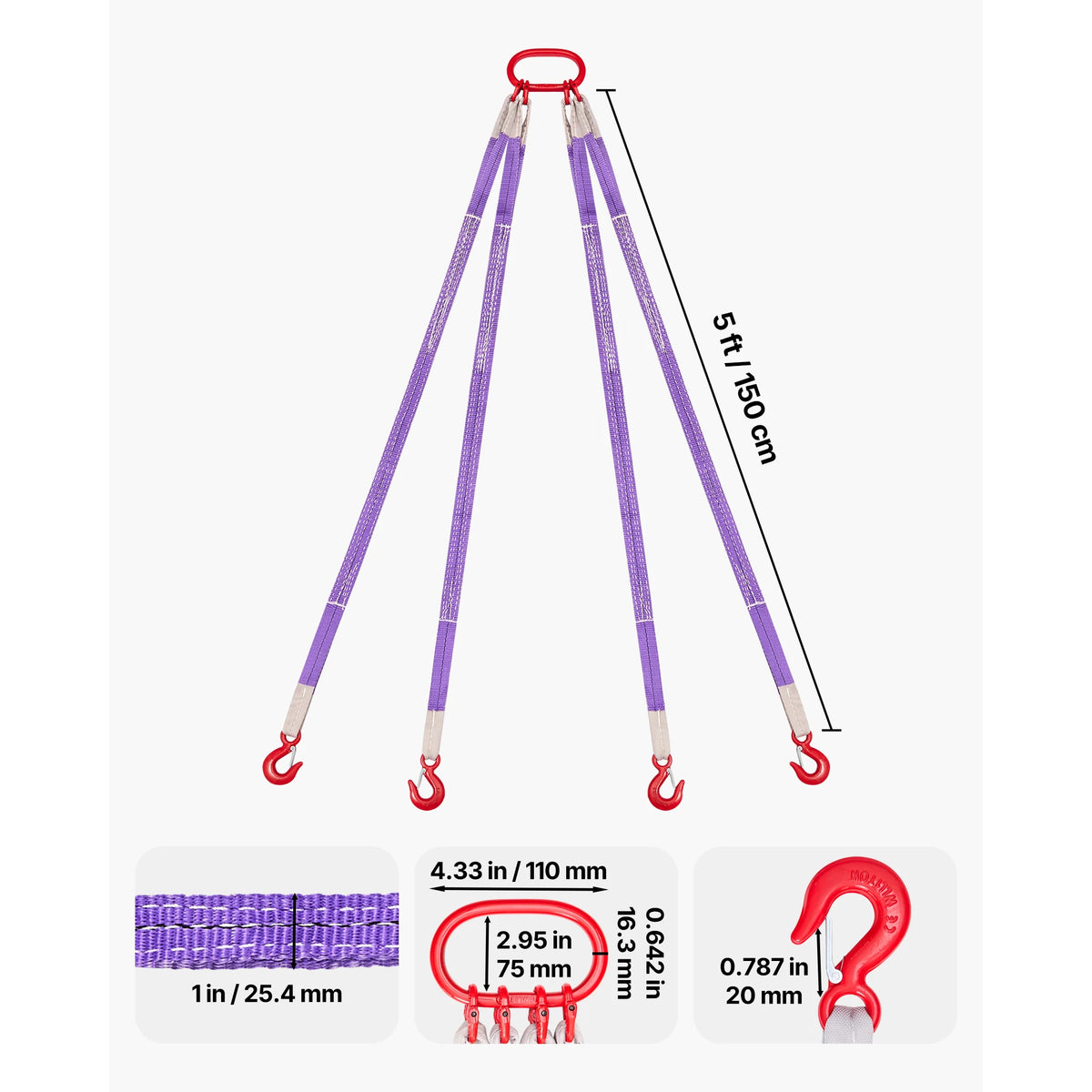 SucceBuy 4 Leg Polyester Bridle Lifting Sling With Hooks