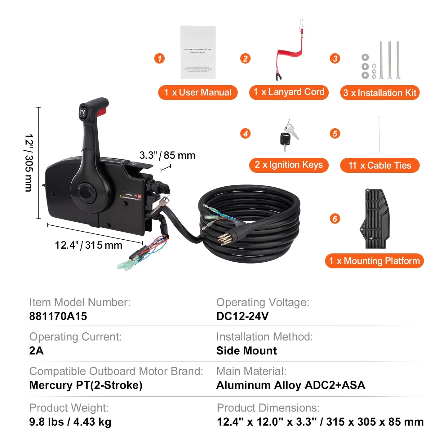 SucceBuy Boat Throttle Control Side Mounted Outboard Remote Box for Mercury PT 4Stroke Marine Power Trim Switch Harness Lanyard