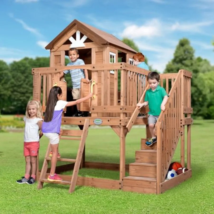 MDNG Cedar Wood Kids Outdoor Playhouse With Kitchen And Deck