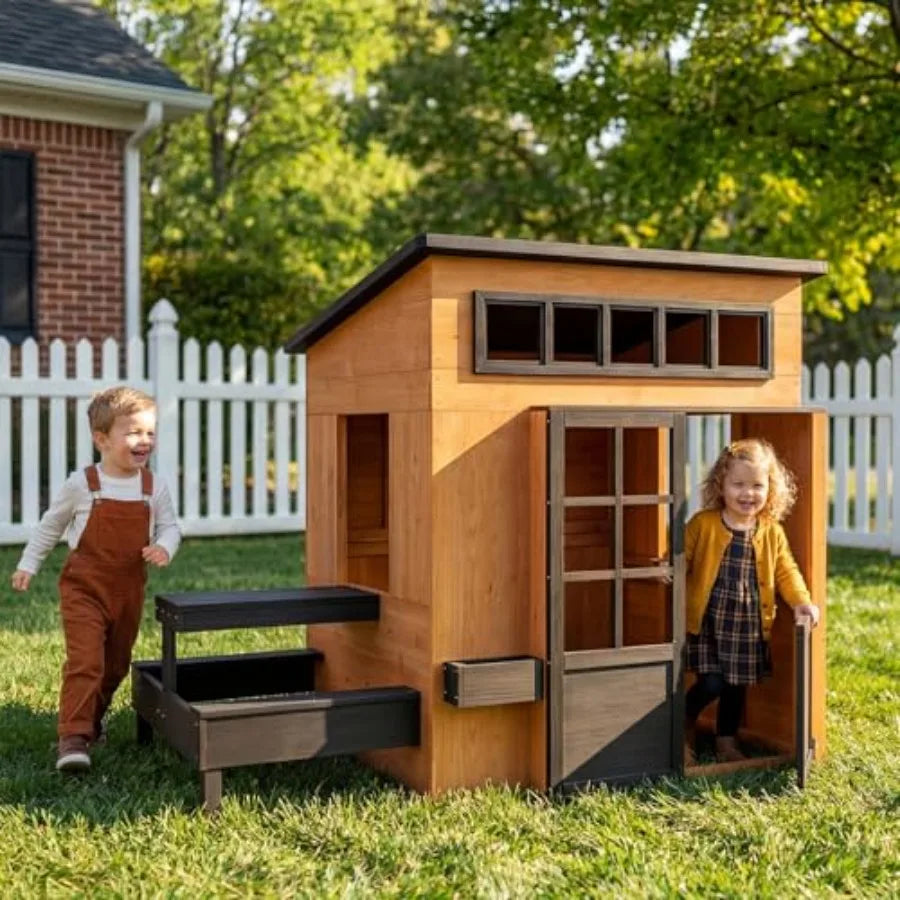 MDNG Kids Fir Wood Outdoor Playhouse With Kitchen Table