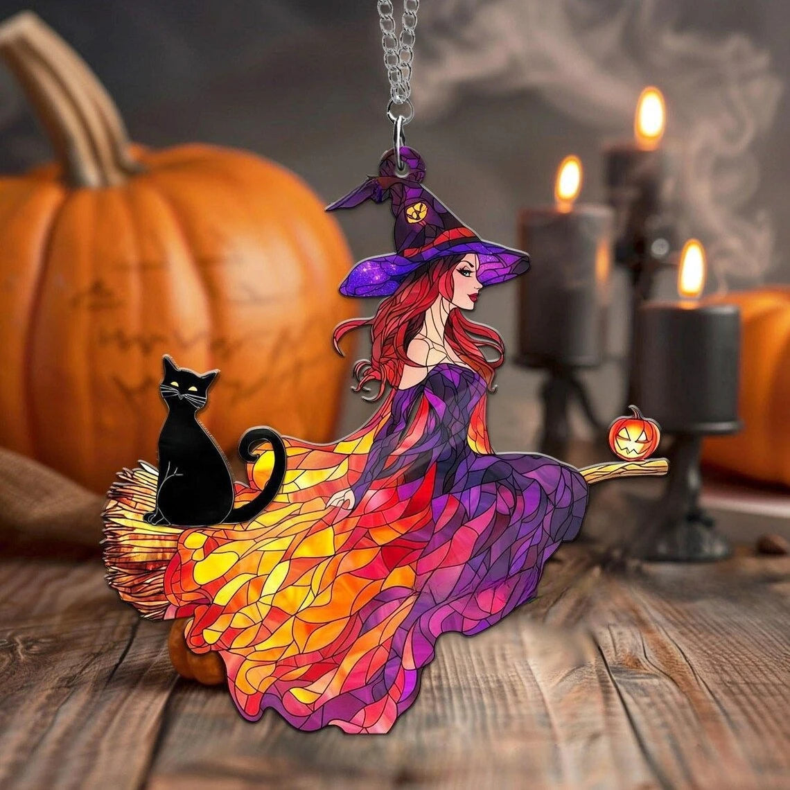 Acrylic Witch Ghost Black Cat Stained Glass Window Suncatcher
