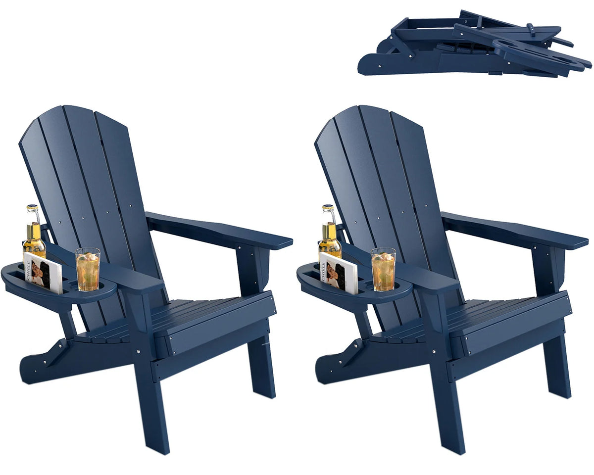 FOOWIN 2pcs Folding Adirondack Chair Weather Resistant HDPE Plastic Cup Holder Outdoor Patio Garden Fire Pit Deck Lawn