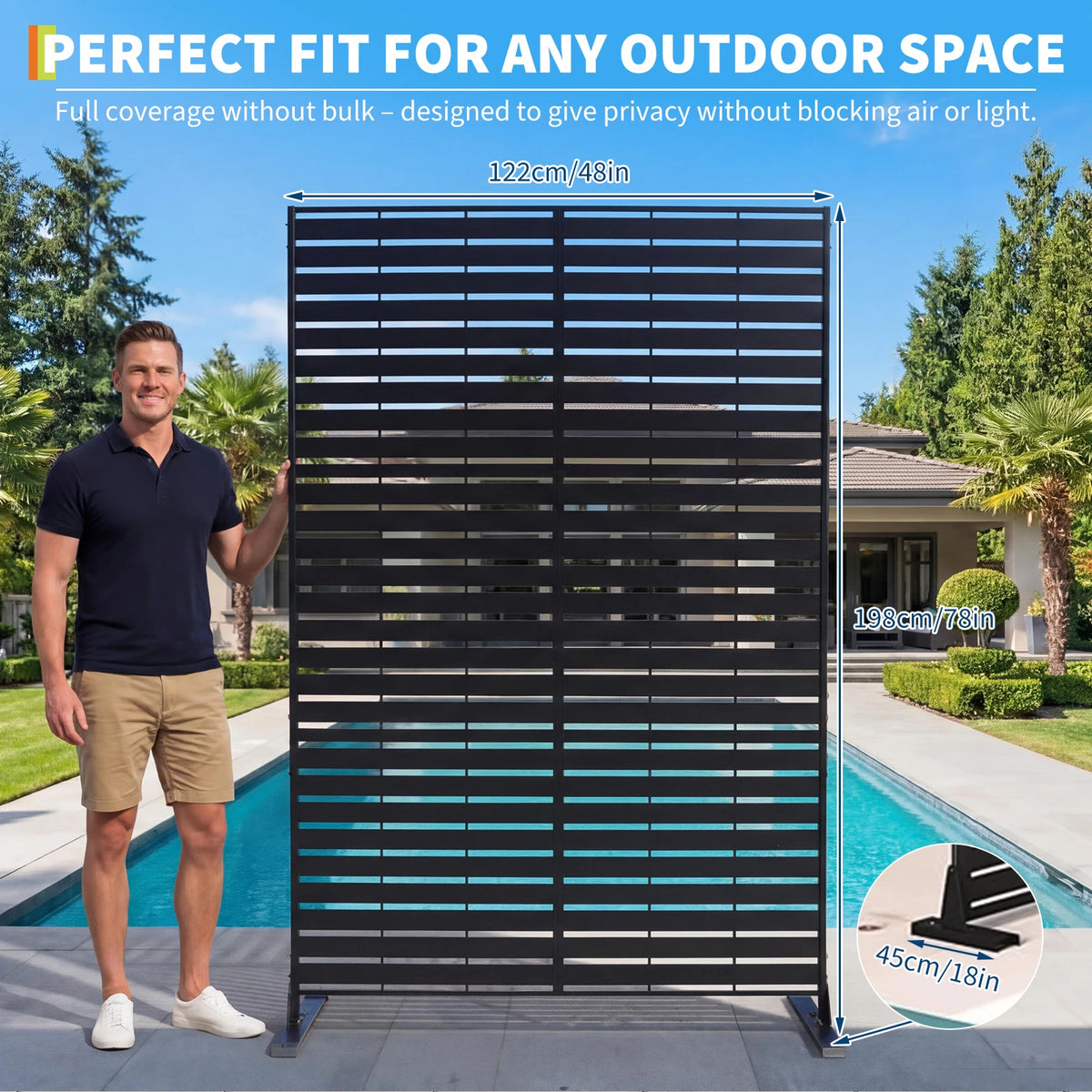 Freestanding Metal Outdoor Privacy Screen Fence - 78" H x 48" W - Rustproof Steel Divider, Modern Laser Cut, Weatherproof, Decorative Panel for Patio, Garden, Balcony, Pool, Room, Hot Tub