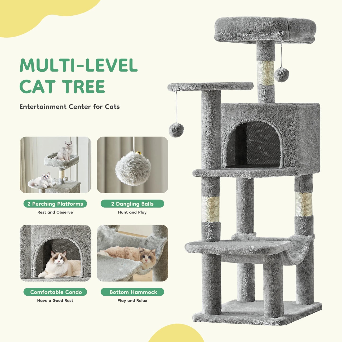JHK Four Tier Cat Tree Featuring Sisal Posts And Hammock