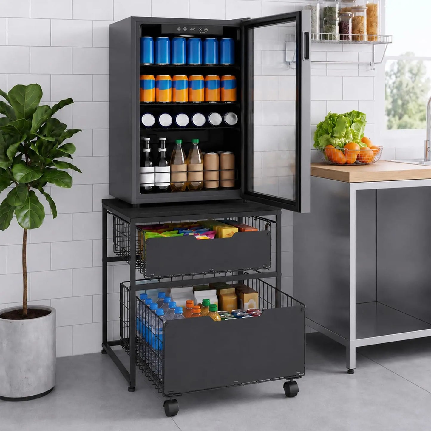 HiMISS Steel Mini Fridge Stand With Wheels And Storage Baskets
