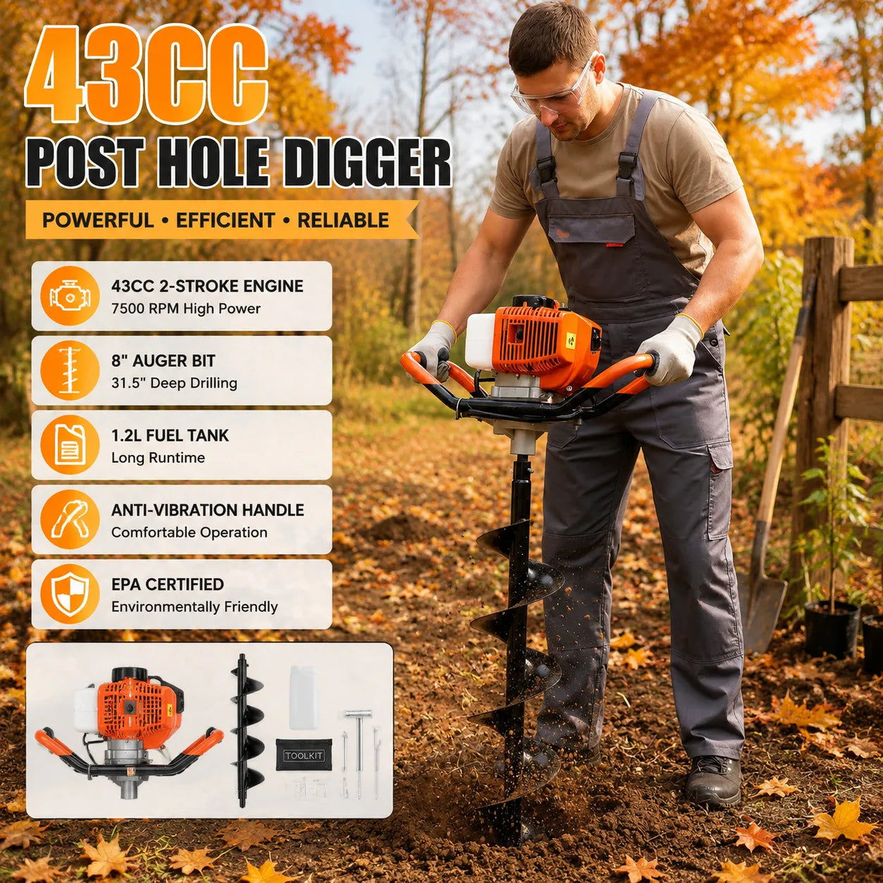 43cc Gas Powered Post Hole Digger with 8 Inch Auger Bit 31.5 Inch Deep Earth Auger Drill Machine EPA Certified Heavy Duty Fence Post Hole Digger for Farm Garden Landscaping