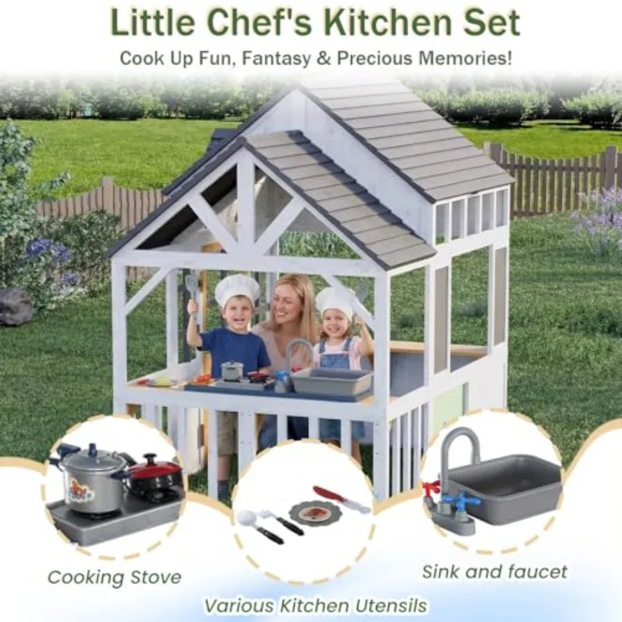 MDNG Outdoor Wooden Kids Playhouse Kitchen Blackboard Magnetic Door