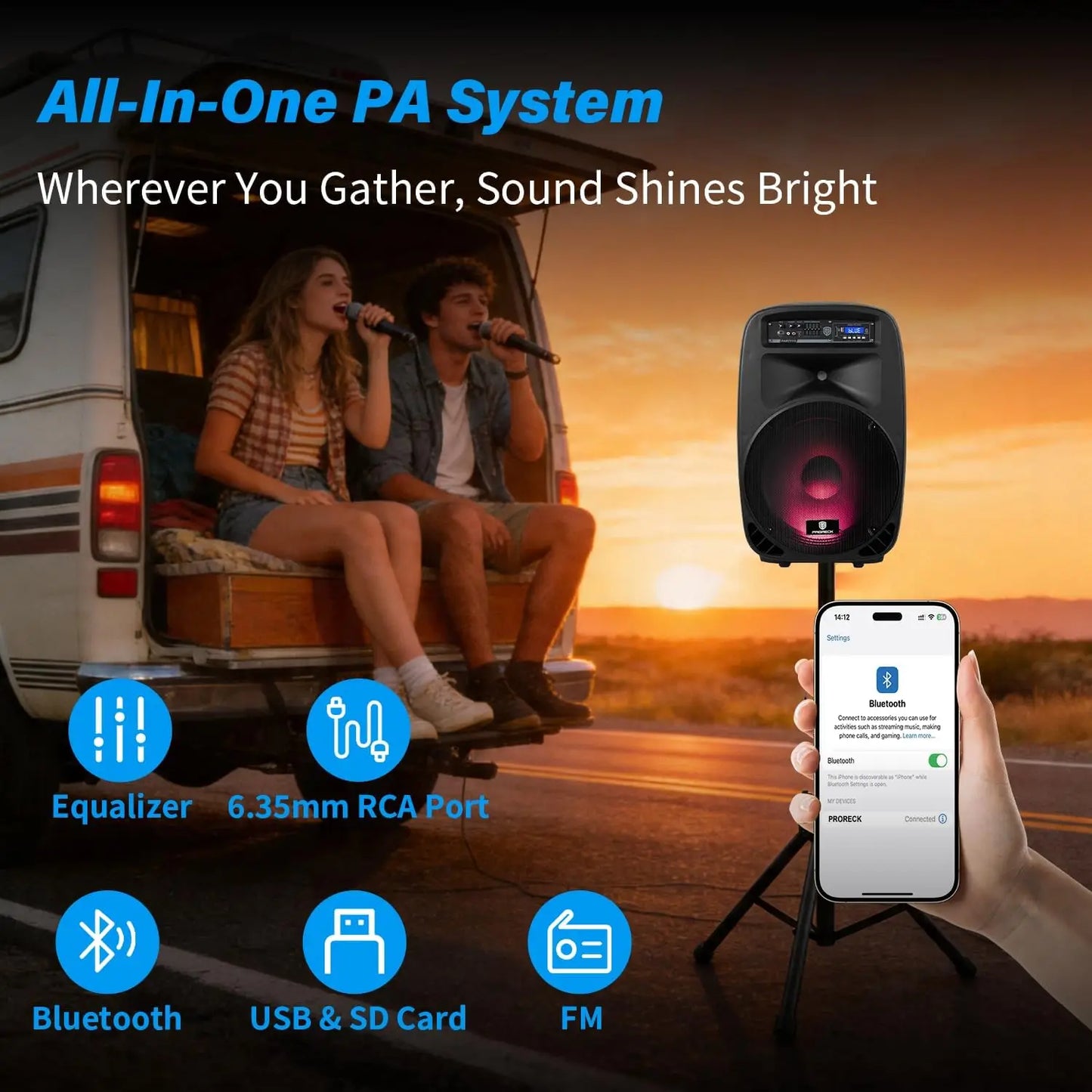 Proreck Powered PA Speaker System Bluetooth FM Remote Control