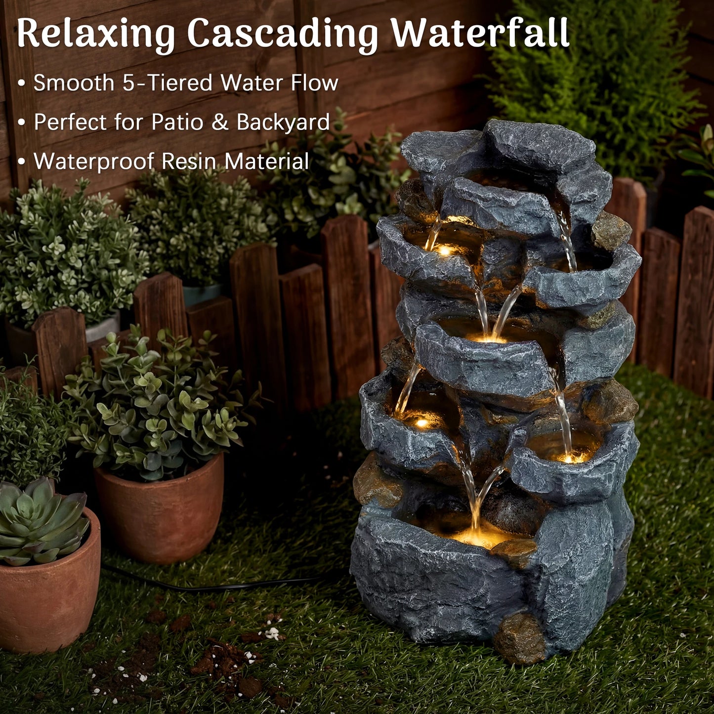 Cascading Rock Water Fountain With LED Lights For Outdoor Patio
